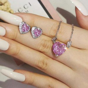 Sterling Silver (S925) Pink Heart Necklace & Earrings Set